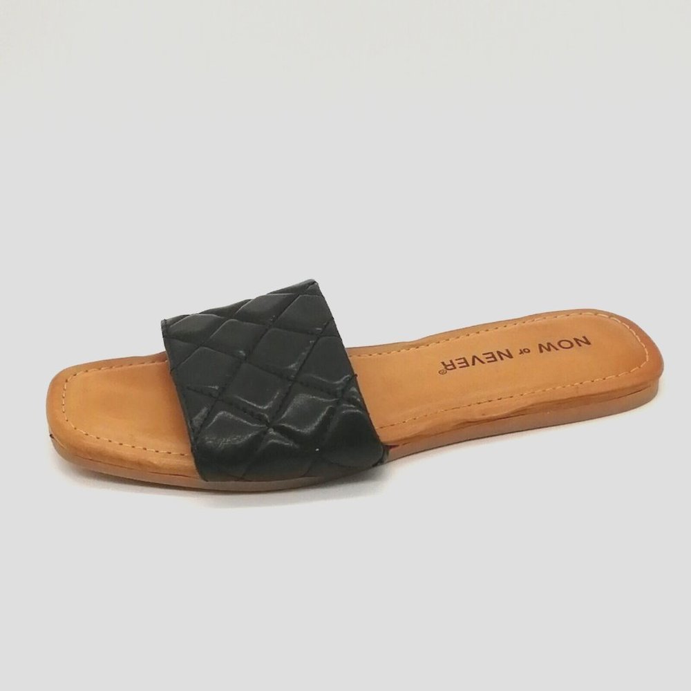 Now or Never Womens Flat‎ Slide Sandal Black Open Toe/Heel Cushioned Insole Sz 6